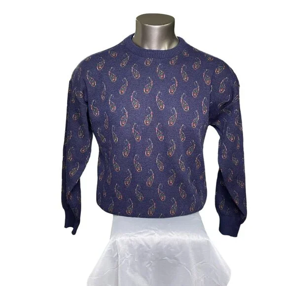 Vintage 80s Italy Made Sweater Paisley Print Acrylic Wool Mens Size L u - Picture 3 of 7